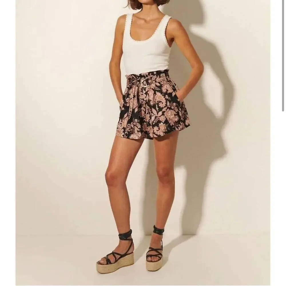 NWT Kivari Layla Black Paisley Linen High Waisted Paperbag Belted Shorts